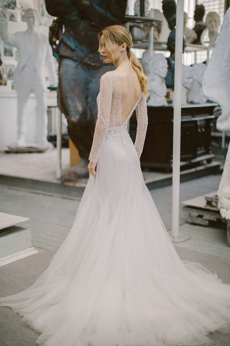 Ivory lace wedding dress // Silent Waterfall / Tulle bridal gown, V-neckline, hand embroidery, deep open back, mermaid skirt, long train image 3