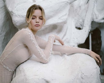 Ivory turtleneck wedding gown // Hoarfrost Dawn/  Long sleeve bridal gown, crystal embroidery dress, high collar wedding dress, open back
