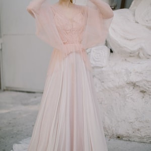 Blush wedding dress // Liquorice Sunrise / Tulle bridal gown, pleated mesh top, long silk chiffon skirt with long train, boho styled wedding image 10