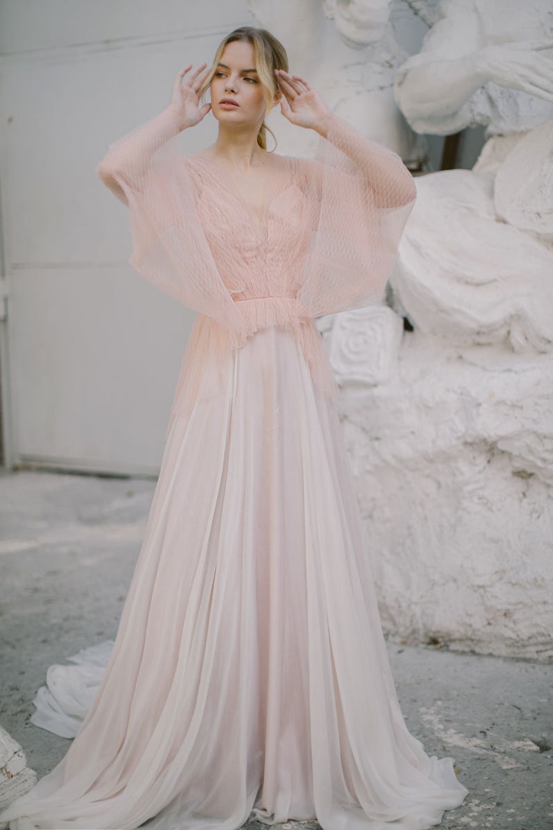 Blush wedding dress // Liquorice Sunrise / Tulle bridal gown, pleated mesh top, long silk chiffon skirt with long train, boho styled wedding image 10