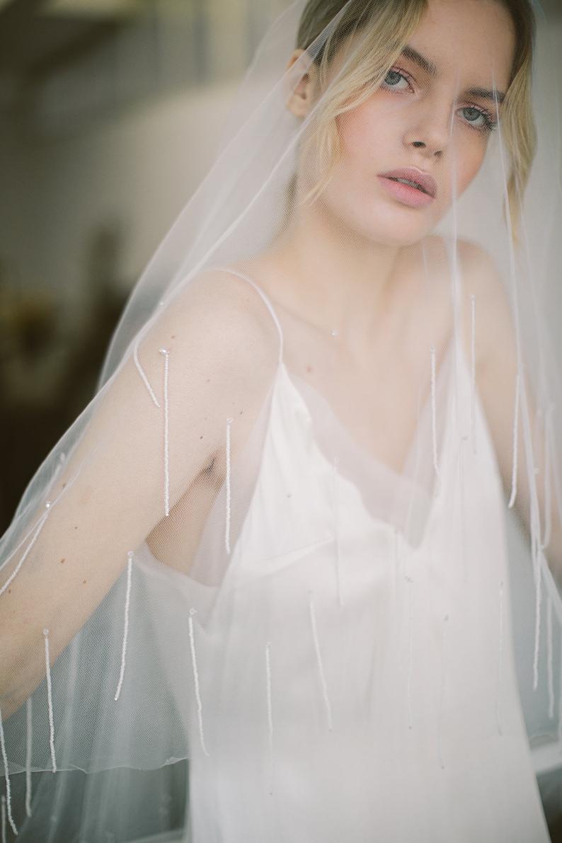 Embellished veil // Midnight Raindrops Veil / Long veil, wedding dress veil, embroidered veil, tulle veil, ivory bridal headpiece, boheman image 2