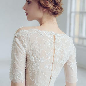 Lace wedding dress // Thalia / Tulle wedding gown, boat neckline wedding dress, modest bridal gown, buttons on back, classic wedding image 8