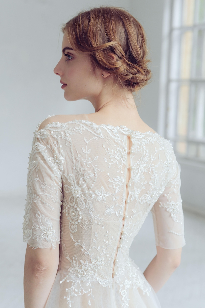 Lace wedding dress // Thalia / Tulle wedding gown, boat neckline wedding dress, modest bridal gown, buttons on back, classic wedding image 8