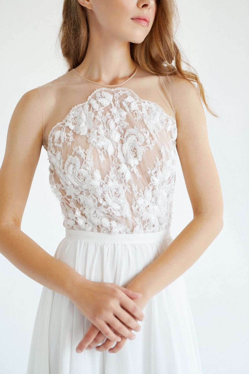 Lace and silk wedding dress// January/ silk wedding dress, ivory lace bridal gown, open back wedding dress, modern wedding dress, halterneck image 3
