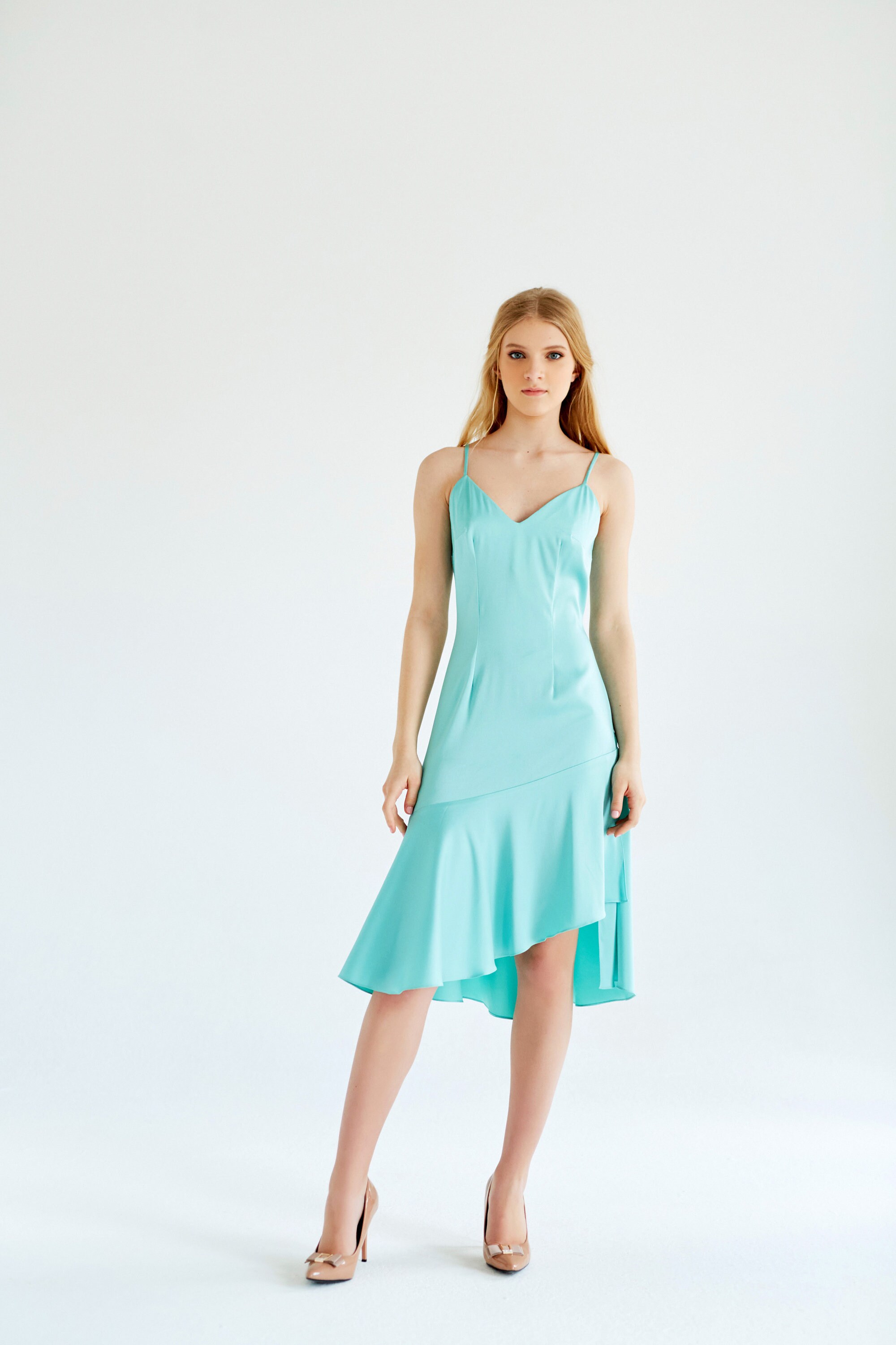 Turquoise Summer Dress, Party Dress, Bridesmaid Dress, Slip Dress, Knee Length Evening Dress, Cocktail Dress, Ready to Ship