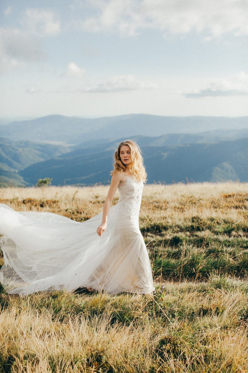 Boho wedding dress / Felicia / Tulle wedding gown, open back wedding dress, illusion neckline bridal dress, pearl embroidery gown image 10