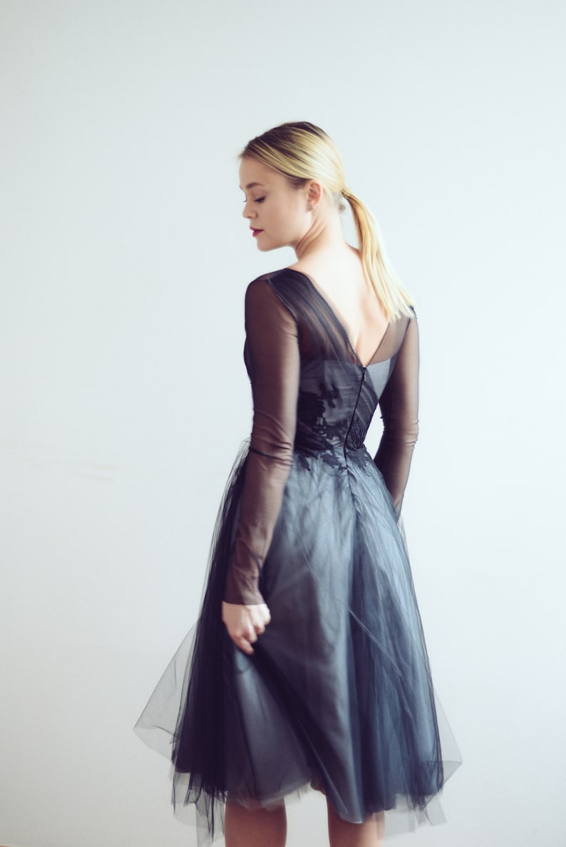 Ready to ship/ Little black tulle dress // Phaeno / V-back evening dress, knee-length party dress, black lace prom dress, reception dress image 8