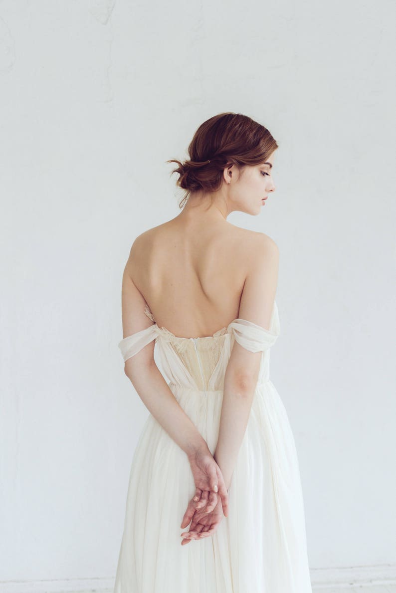 Off-shoulder wedding dress // Aura / Silk wedding gown, ivory bridal gown, slit dress, sweetheart corset wedding dress, bohemian wedding image 1