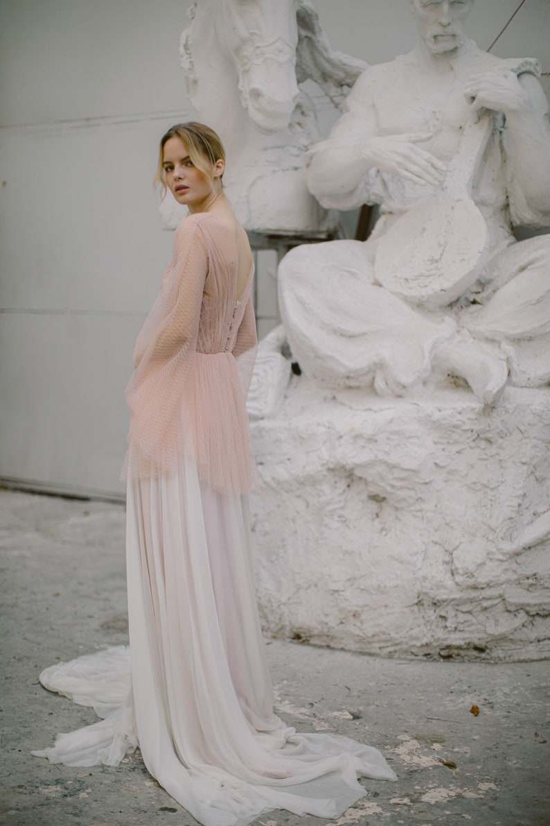 Blush wedding dress // Liquorice Sunrise / Tulle bridal gown, pleated mesh top, long silk chiffon skirt with long train, boho styled wedding image 4