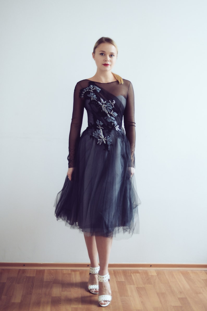 Ready to ship/ Little black tulle dress // Phaeno / V-back evening dress, knee-length party dress, black lace prom dress, reception dress image 4