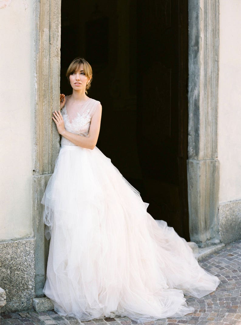 Tulle wedding dress // Calypso Daylight / Champagne tulle gown, hand embroidered lace top, bridal separates, open back wedding dress image 3