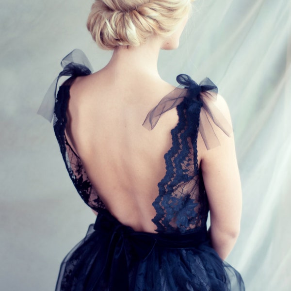 Black lace evening dress, Open back dress, LAST SAMPLE!