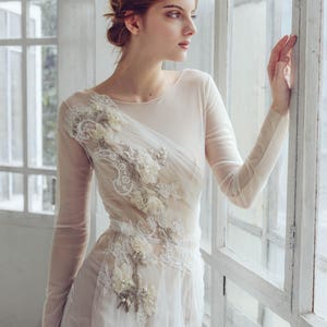 Tulle wedding dress // Phaeno / Lace wedding dress, beaded tulle bridal gown, ivory mermaid wedding dress, long sleeve wedding dress