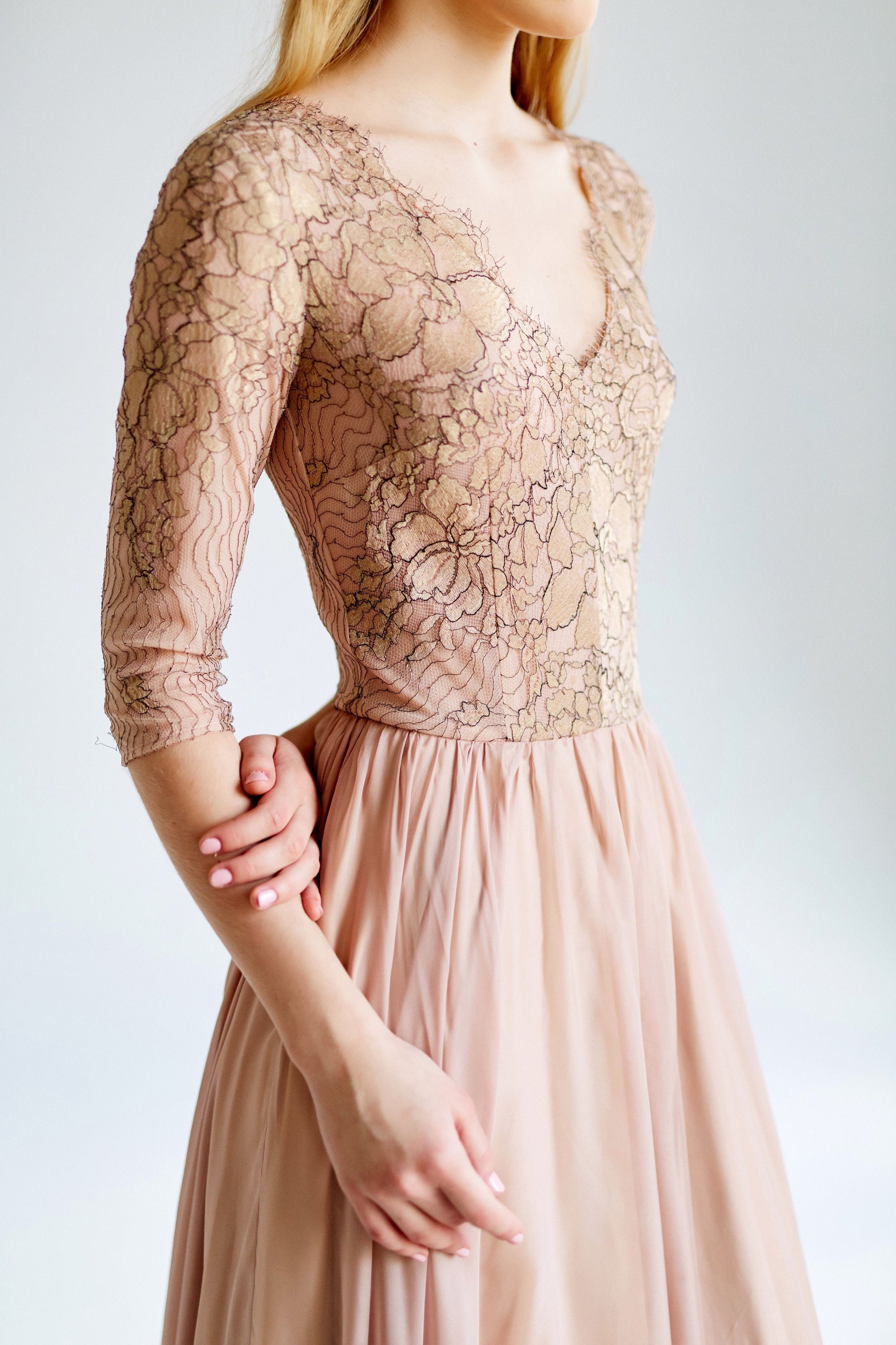 beige rose dress Silver Tassel Embellished Dress with Rose Beige Tulle Cape S main image 0