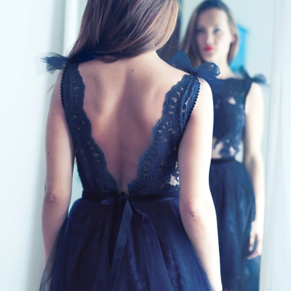 Black lace evening dress, sleeveless open back dress, deep V back bridesmaid dress, short prom dress, lace and tulle party dress