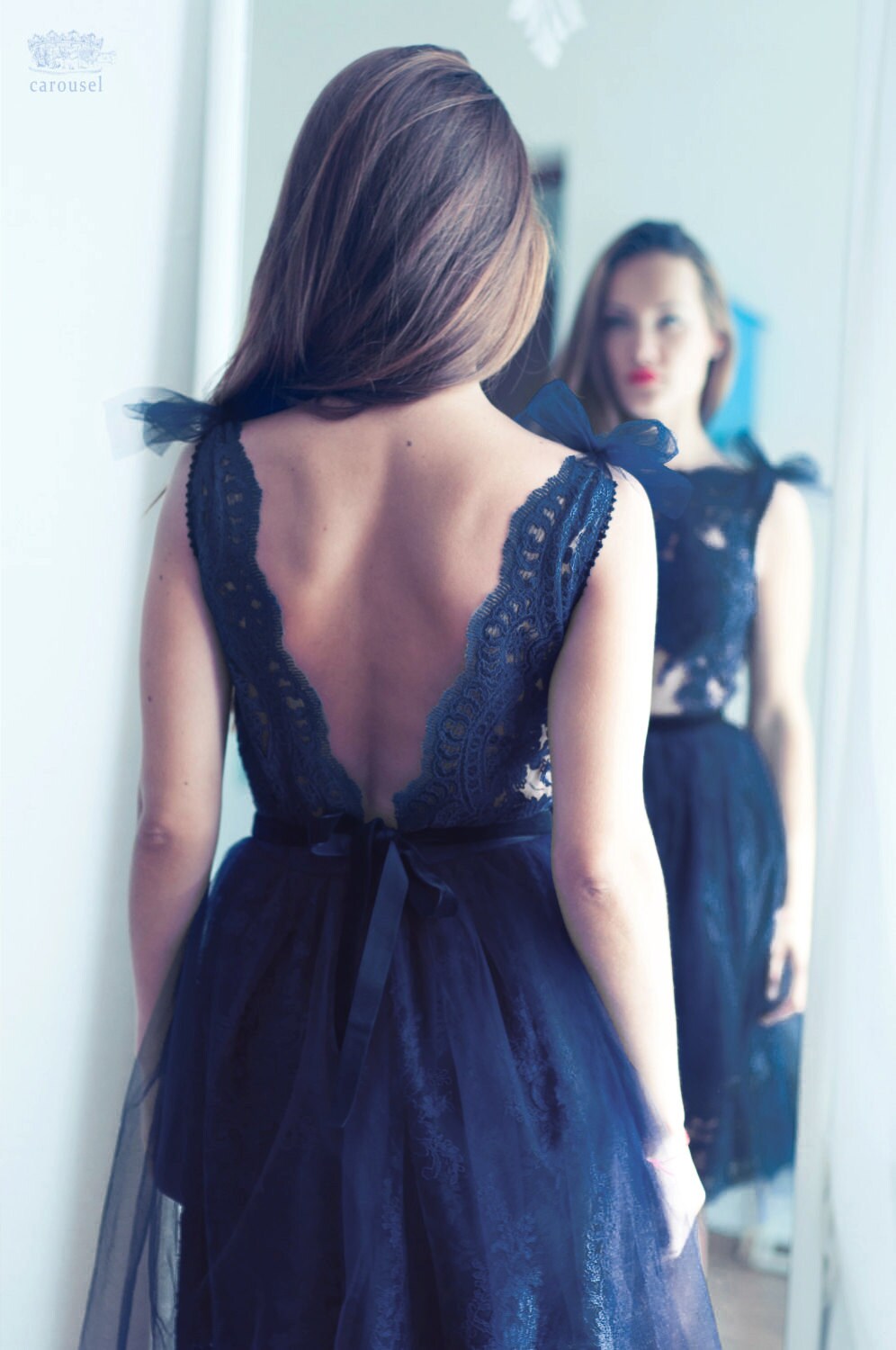 Dark Blue Sleeveless Lace Dress with Deep-V Back Dark Blue Sleeveless Lace Dress with Deep-V Back