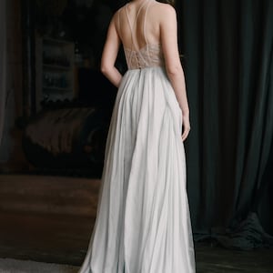 Ready to ship / Silk wedding dress // Melita / Open back wedding gown, halter-neck wedding dress with slit, boho wedding, gray wedding dress image 9
