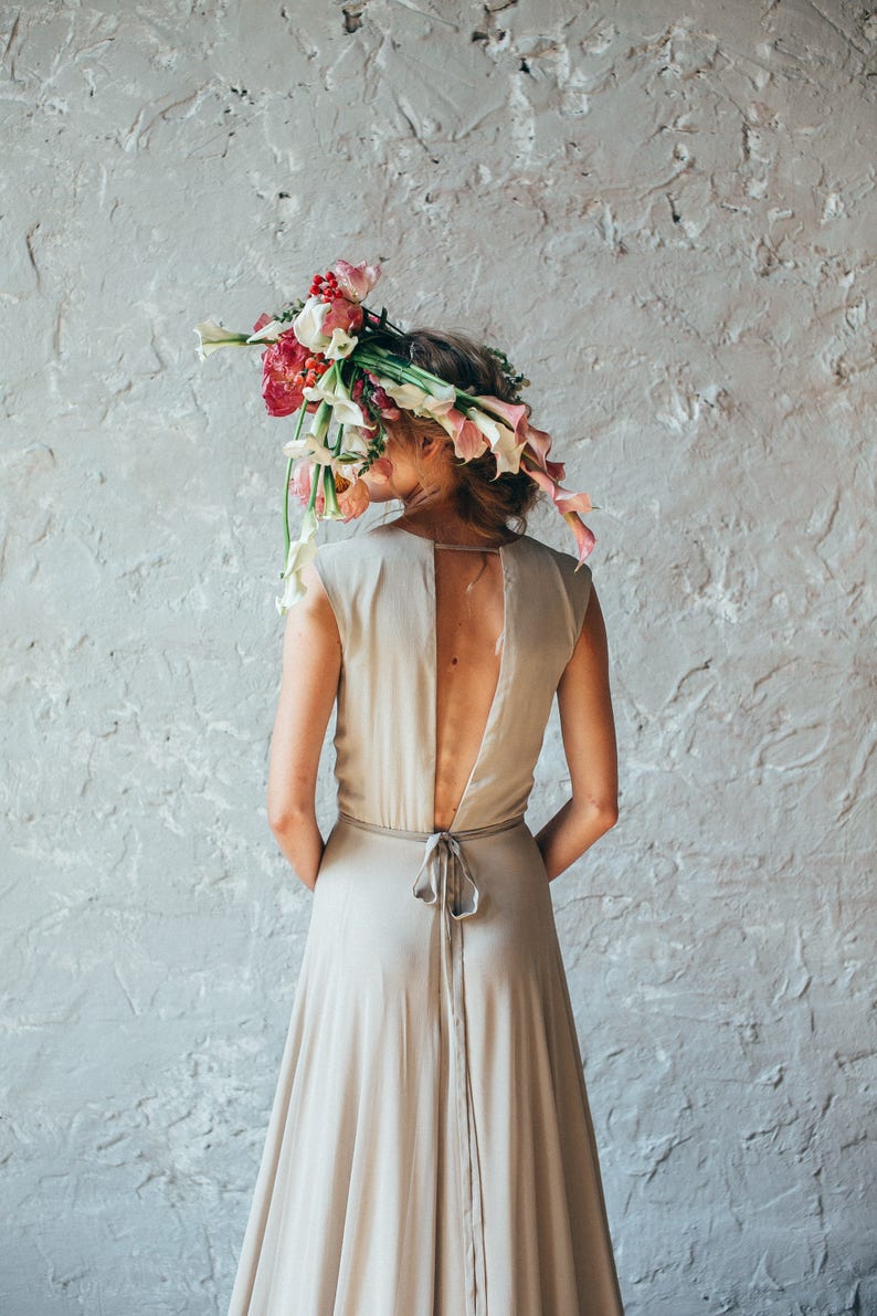 Simple silk wedding dress // Camille/ Open back bridal gown, V neckline wedding gown, sleeveless beige wedding dress, boho style image 10