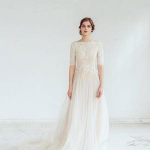 Lace wedding dress // Thalia / Tulle wedding gown, boat neckline wedding dress, modest bridal gown, buttons on back, classic wedding image 6