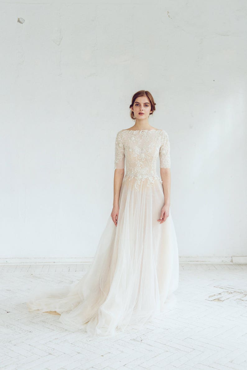 Lace wedding dress // Thalia / Tulle wedding gown, boat neckline wedding dress, modest bridal gown, buttons on back, classic wedding image 6