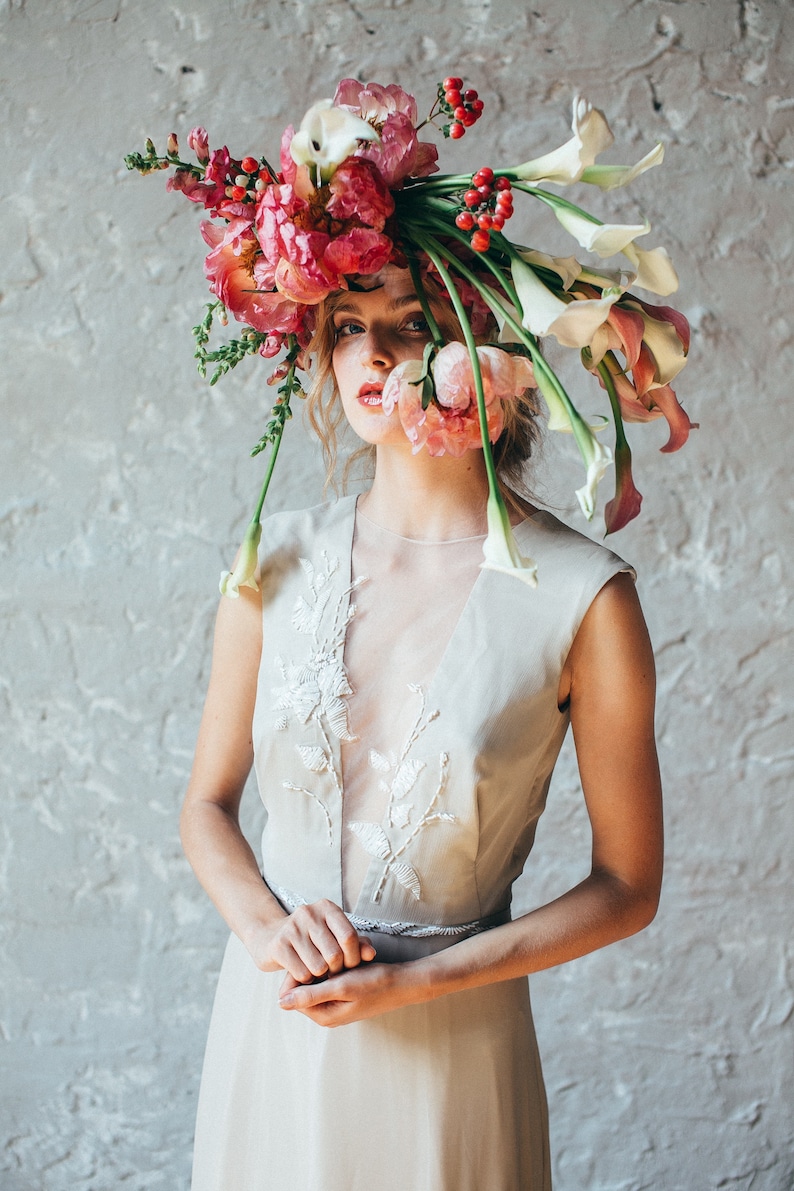 Simple silk wedding dress // Camille/ Open back bridal gown, V neckline wedding gown, sleeveless beige wedding dress, boho style image 9