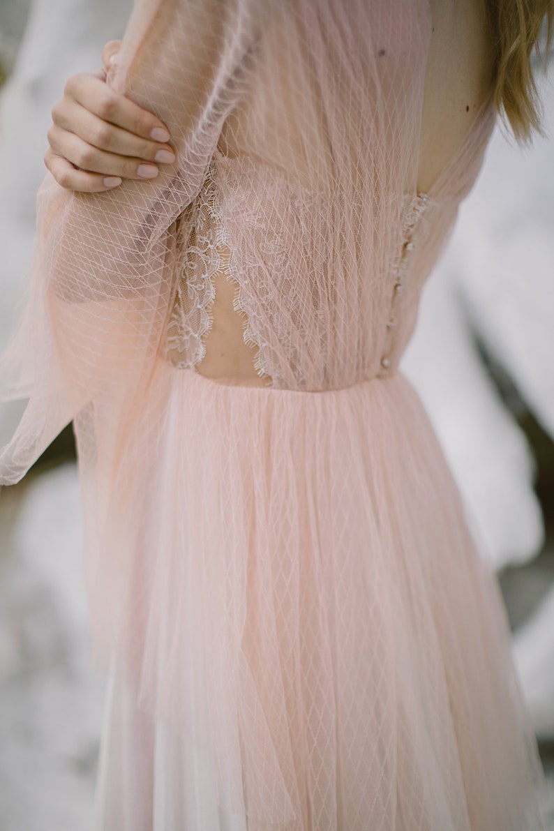 Blush wedding dress // Liquorice Sunrise / Tulle bridal gown, pleated mesh top, long silk chiffon skirt with long train, boho styled wedding image 1