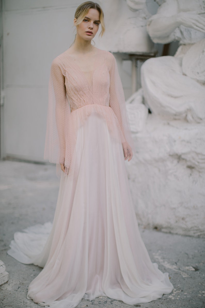 Blush wedding dress // Liquorice Sunrise / Tulle bridal gown, pleated mesh top, long silk chiffon skirt with long train, boho styled wedding image 8