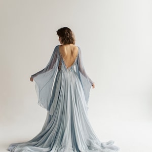 Blue grey wedding dress, silk gown with open back and beading, slit, and long train, bohemian long sleeves bridal dress, Sironna by mywony image 2