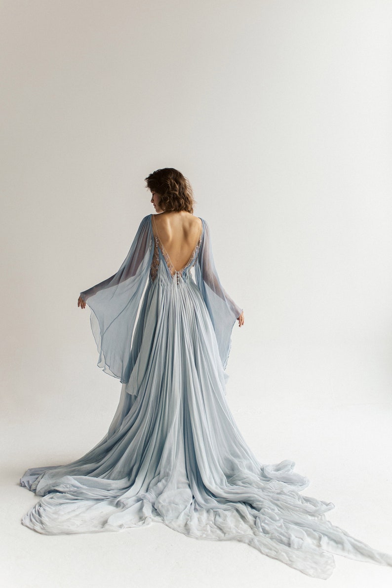 Blue grey wedding dress, silk gown with open back and beading, slit, and long train, bohemian long sleeves bridal dress, Sironna by mywony image 2