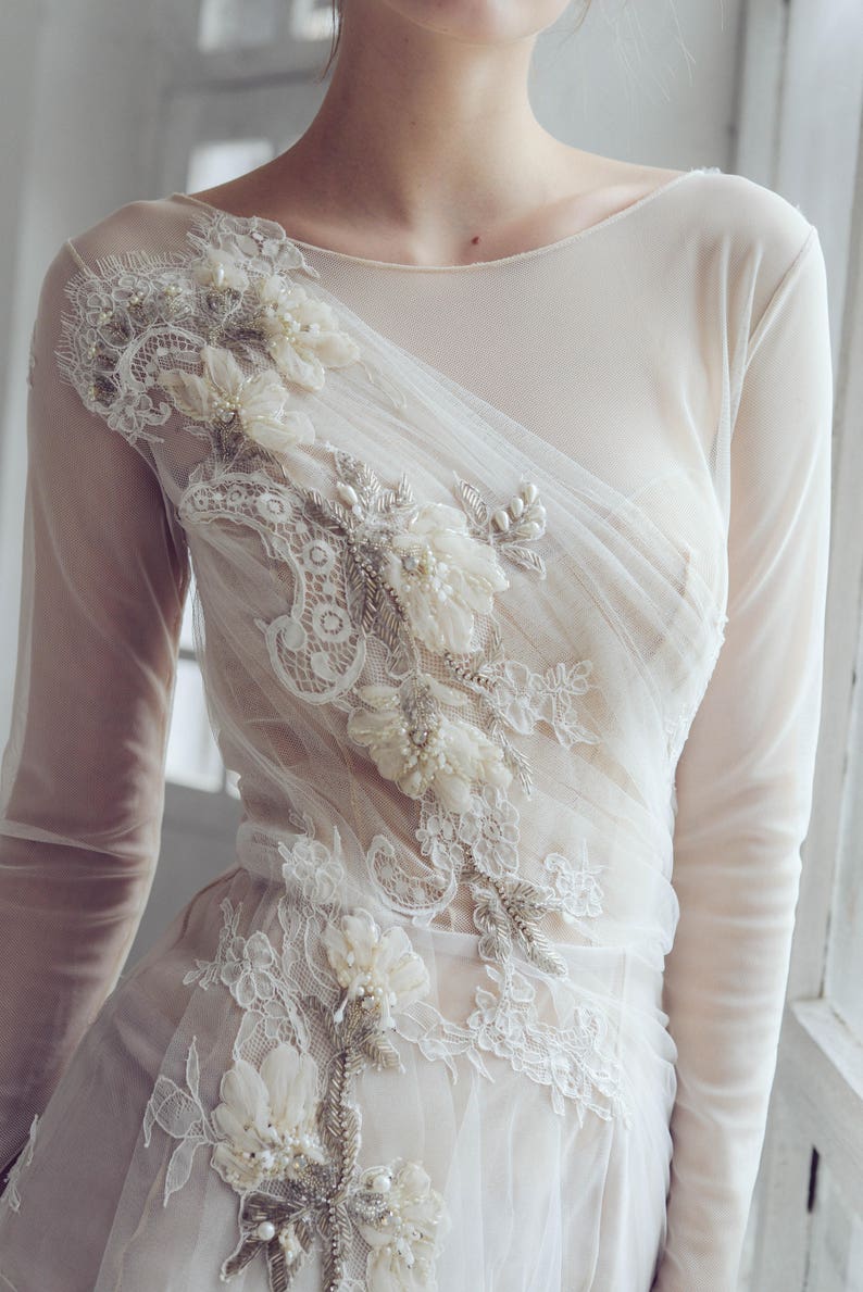 Tulle wedding dress // Phaeno / Lace wedding dress, beaded tulle bridal gown, ivory mermaid wedding dress, long sleeve wedding dress image 7