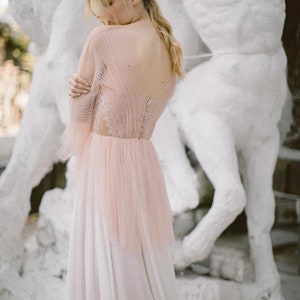 Blush wedding dress // Liquorice Sunrise / Tulle bridal gown, pleated mesh top, long silk chiffon skirt with long train, boho styled wedding image 6