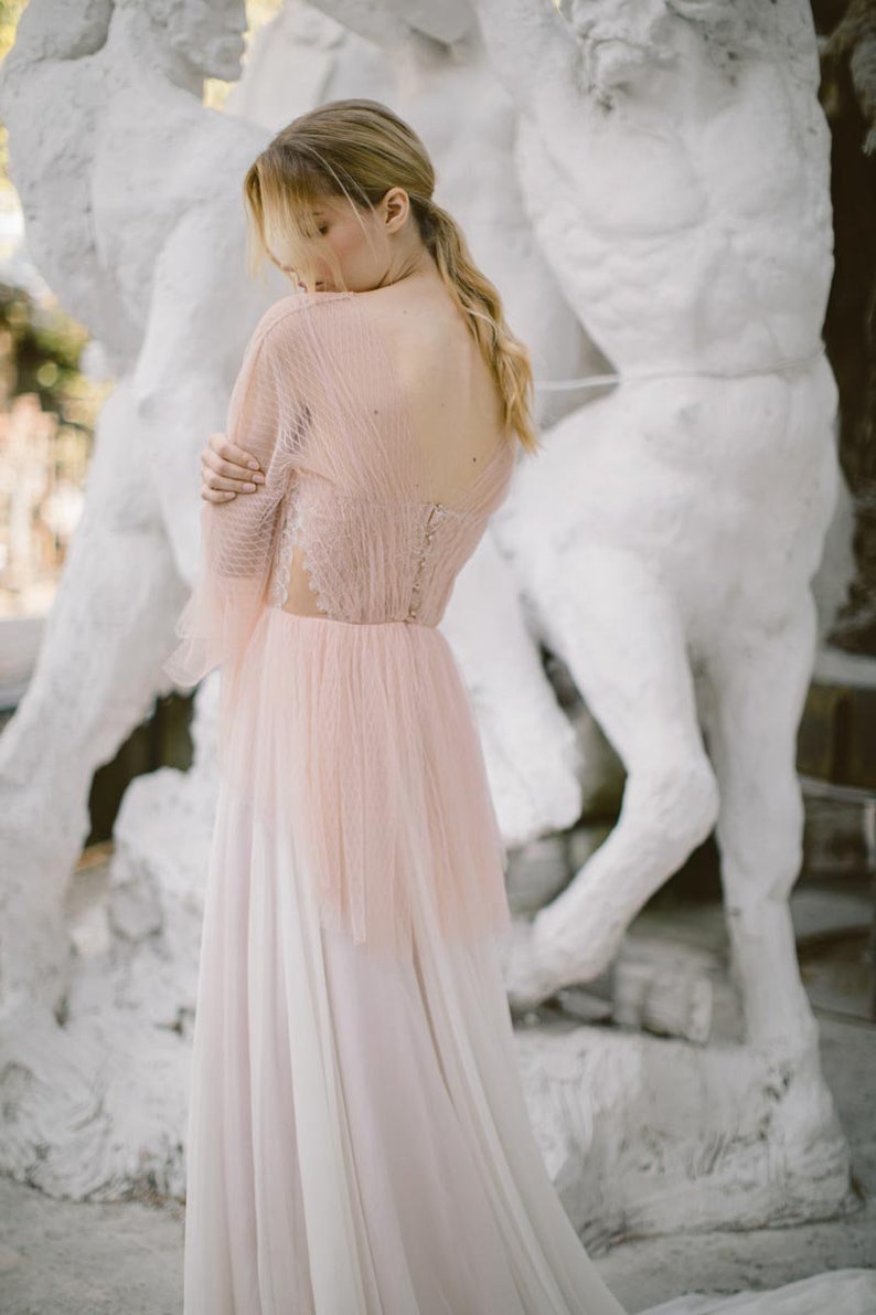 Blush wedding dress // Liquorice Sunrise / Tulle bridal gown, pleated mesh top, long silk chiffon skirt with long train, boho styled wedding image 6