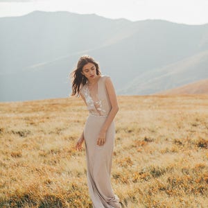 Simple silk wedding dress // Camille/ Open back bridal gown, V neckline wedding gown, sleeveless beige wedding dress, boho style image 2