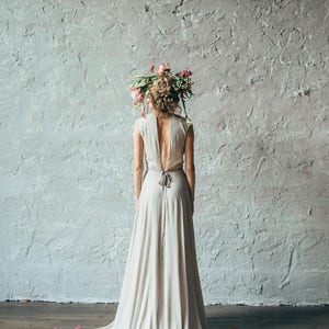 Simple silk wedding dress // Camille/ Open back bridal gown, V neckline wedding gown, sleeveless beige wedding dress, boho style image 6