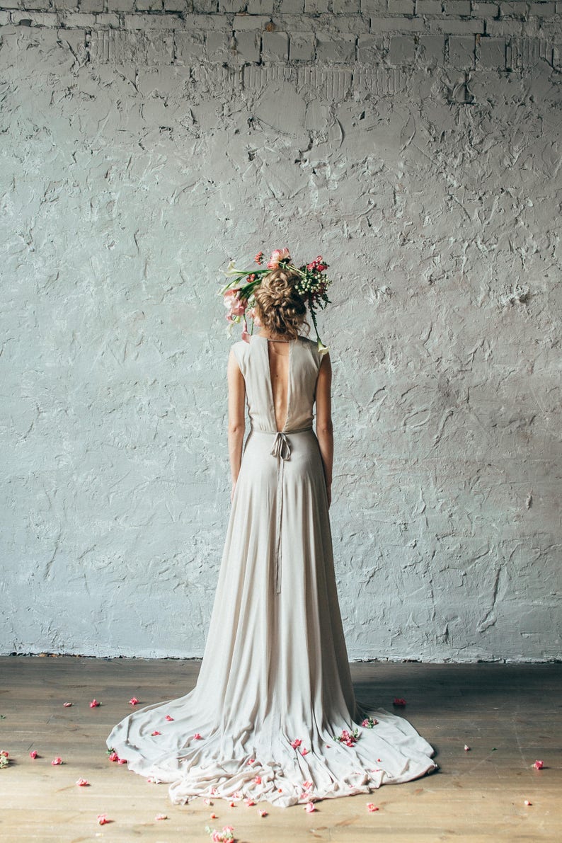 Simple silk wedding dress // Camille/ Open back bridal gown, V neckline wedding gown, sleeveless beige wedding dress, boho style image 6
