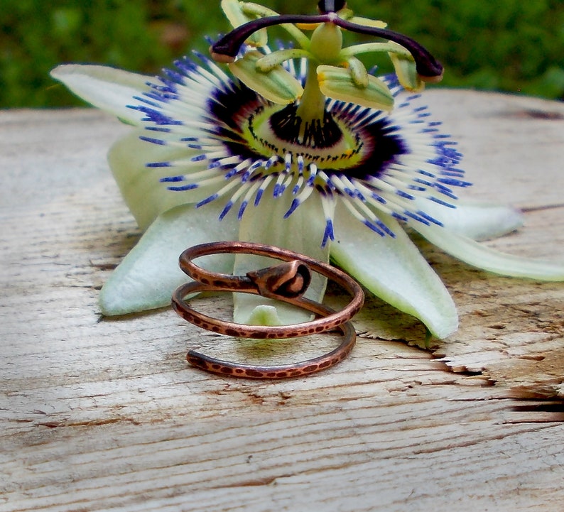 May include: A copper wire ring with a twisted design and a small flower accent. The ring is lying on a wooden surface next to a white flower with blue and purple accents.