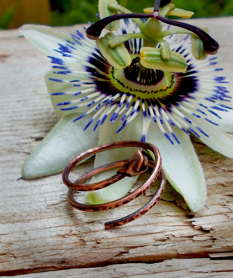 May include: A copper wire ring with a spiral design. The ring is lying on a wooden surface next to a white flower with blue and purple accents.