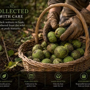 May include: A wicker basket filled with green-husked black walnuts is held by a person wearing brown leather gloves. The text "COLLECTED WITH CARE" and "Black walnuts in husk, gathered from the wild at peak maturity" are visible.