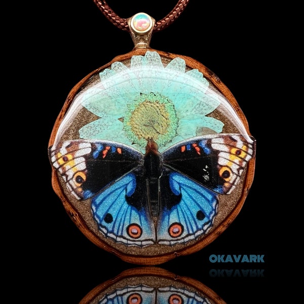 Butterfly pendant butterfly necklace - real flower necklace opal gemstone spirit animal pendant nature jewelry wood and resin pendant