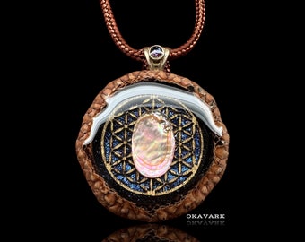 Okavark acorn pendant abalone shell flower of Life sacred geometry necklace opal galaxy wood and resin nature jewelry anniversary