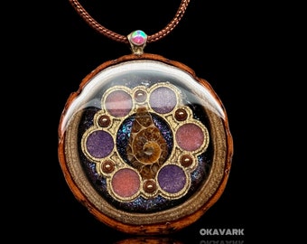 Okavark Ammonite fossil pendant lasercut pendant opal gemstone wood and resin nature jewelry rustic wedding anniversary gift organic nature