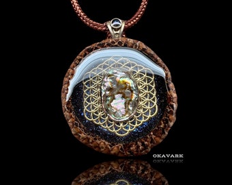 Okavark acorn pendant necklace abalone shell flower of life sacred geometry opal galaxy wood and resin nature jewelry anniversary gift
