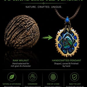 May include: A graphic showing the transformation of raw walnut to a handcrafted pendant. The pendant is a unique piece with blue and green accents, suspended from a brown cord. Text highlights the natural, handmade, and one-of-a-kind qualities of the pendant.