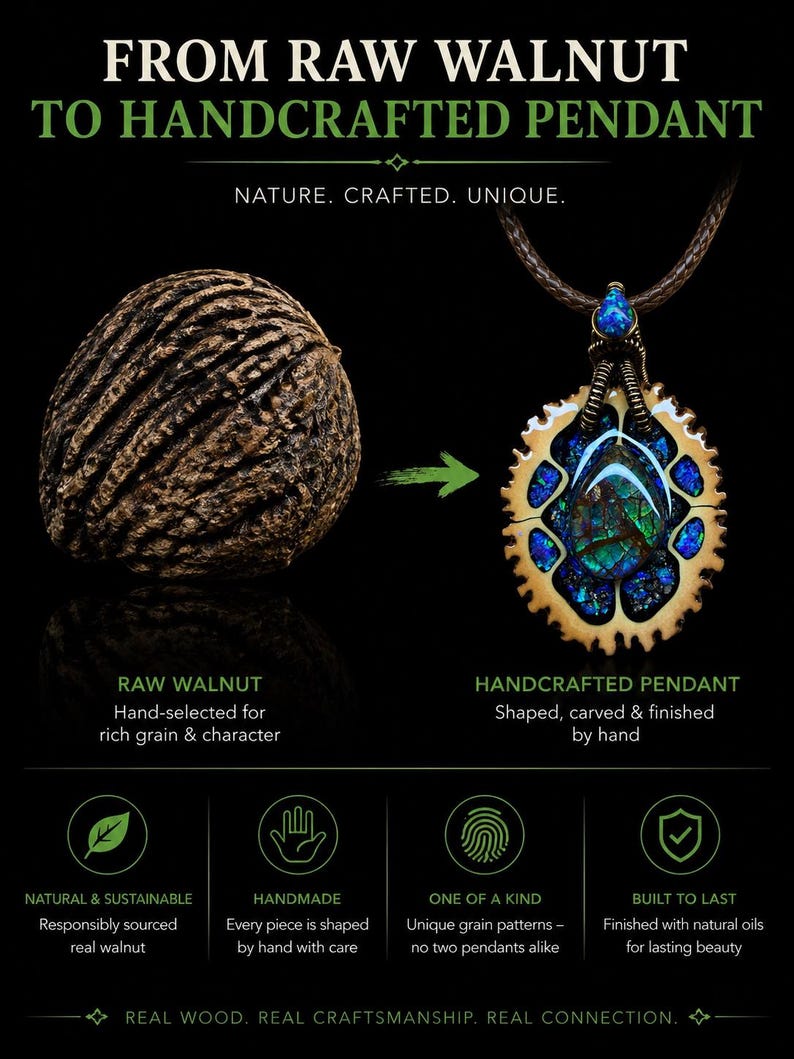 May include: A graphic showing the transformation of raw walnut to a handcrafted pendant. The pendant is a unique piece with blue and green accents, suspended from a brown cord. Text highlights the natural, handmade, and one-of-a-kind qualities of the pendant.