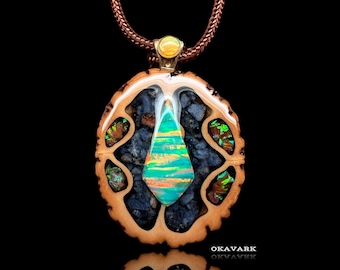 walnut pendant opal gemstone necklace cosplay pendant nature resin pendant woodland anniversary gift wood pendant organic
