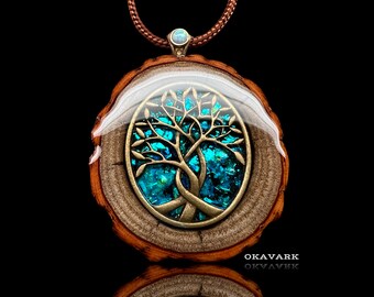 Tree of life pendant , wooden jewelry, wooden pendant, wood and resin pendant, gemstone jewelry festival fashion opal necklace organic