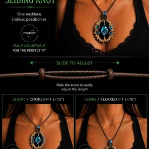 May include: Adjustable sliding knot necklace with a bronze-colored gear pendant and blue gemstone accents. The necklace is shown in both short (choker) and long (relaxed) styles, with lengths of approximately 12 inches and 18 inches.