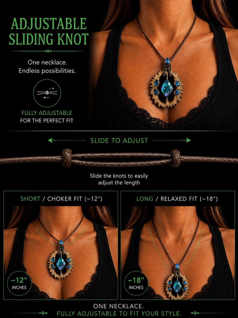 May include: Adjustable sliding knot necklace with a bronze-colored gear pendant and blue gemstone accents. The necklace is shown in both short (choker) and long (relaxed) styles, with lengths of approximately 12 inches and 18 inches.
