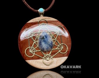 Okavark gold metatrons cube pendant - sodalite wooden resin pendant nature jewelry sacred geometry necklace gemstone jewelry rustic wedding