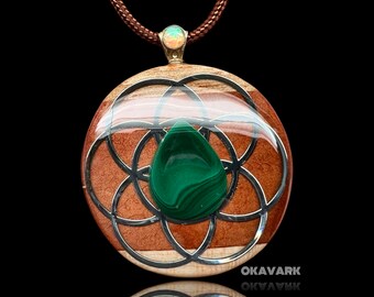 Okavark seed of life silver malachite gemstone  pendant wood and resin jewelry sacred geometry necklace opal gemstone pendant